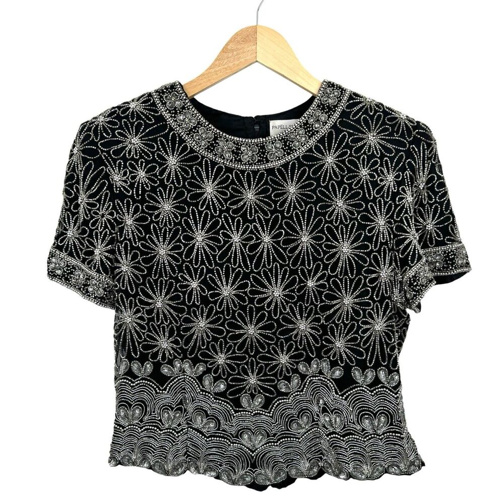 Vintage Papell Boutique Evening Blouse PL Black Mother of the Bride‎ Beaded Glam